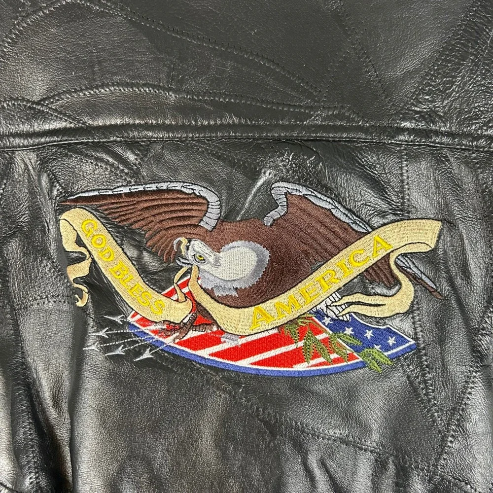 Vintage Patchwork Black Leather Bomber Jacket American Flag Eagle Mens Medium